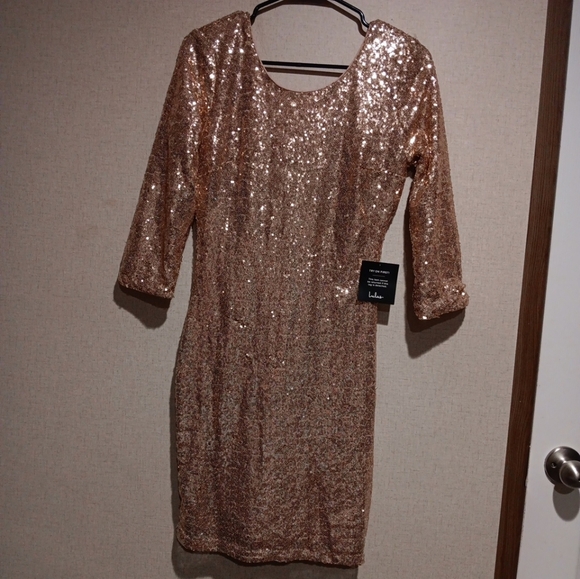 Lulus Delightful Ways Rose Gold Sequin Dress, Mini Bodycon XL Sleeve, Small - Picture 4 of 8